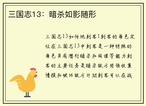 三国志13:暗杀如影随形